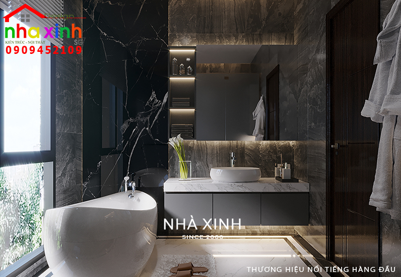 Phòng tắm với tông màu tối sang trọng