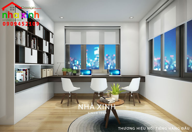 Phòng làm việc được bố trí với view cửa kính lớn