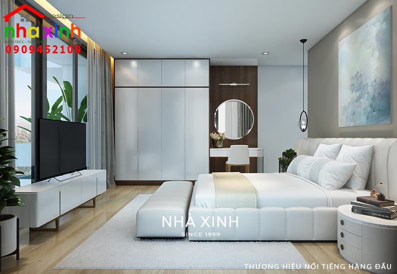 Phòng ngủ được thiết kế những khung cửa kính lớn tạo sự thông thoáng và gần gũi với thiên nhiên