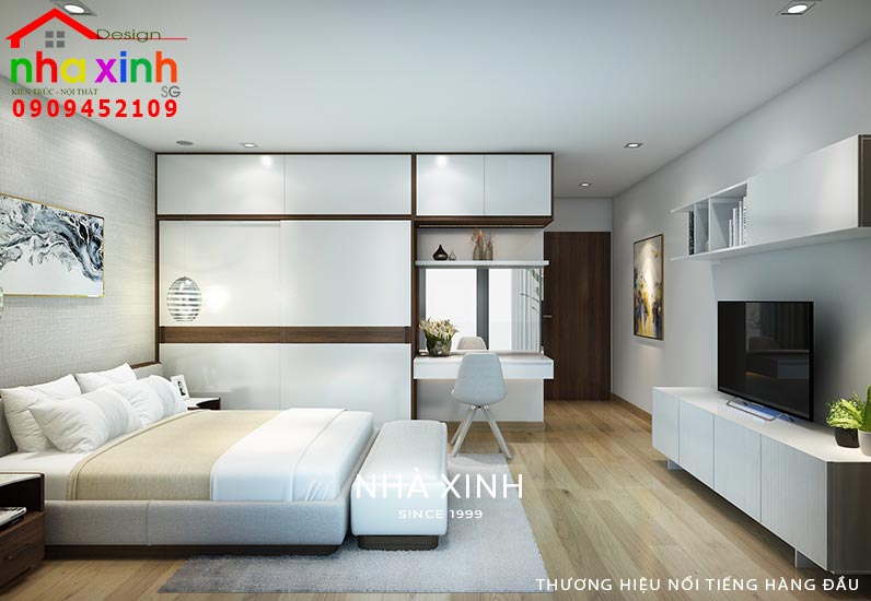 Phòng ngủ được thiết kế với kệ học tủ tiện nghi