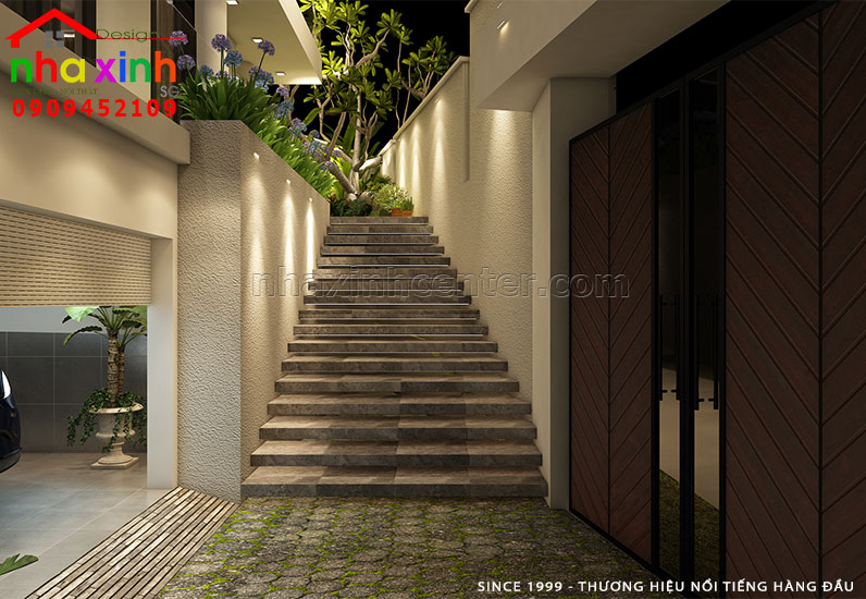 Lối vào không gian phòng khách biệt thự hiện đại 3 tầng