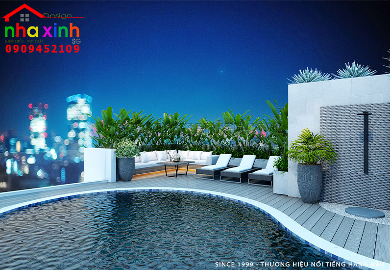 Không gian hồ bơi được bày trí với góc thư giãn tuyệt vời