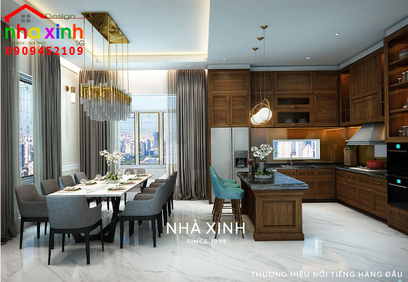 Không gian phòng bếp được thiết kế kết nối bàn ăn rất thuận tiện 