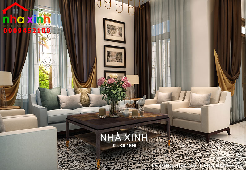 Không gian phòng khách với sự kết hợp hài hòa về màu sắc, nội thất tiện nghi