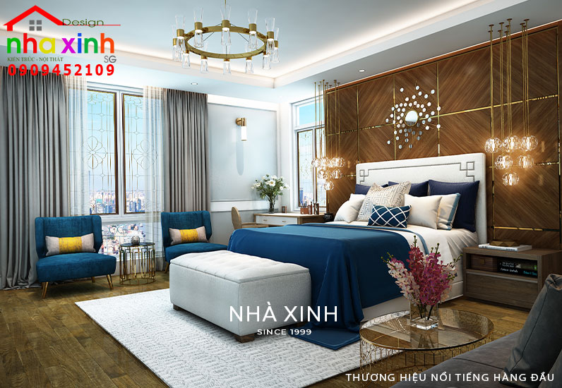 Không gian phòng ngủ được thiết kế nổi bật với tone màu xanh 