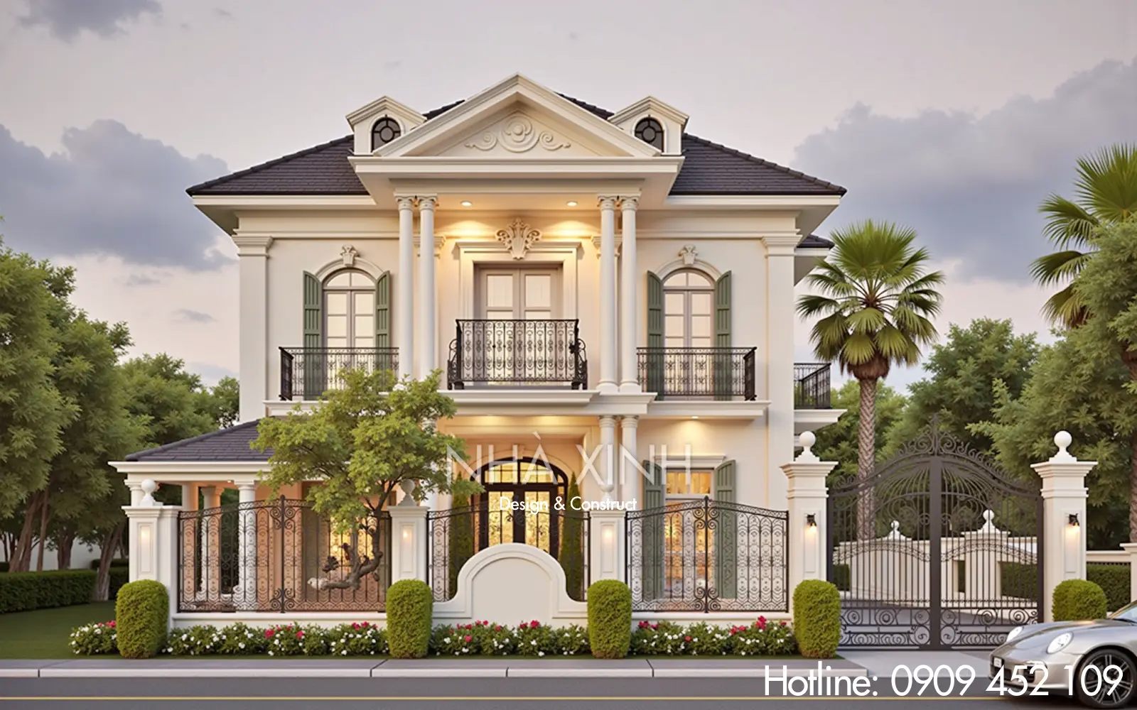 Mặt tiền biệt thự BT-0215 với thiết kế cột trụ vững chắc và ban công sắt mỹ thuật tinh xảo.