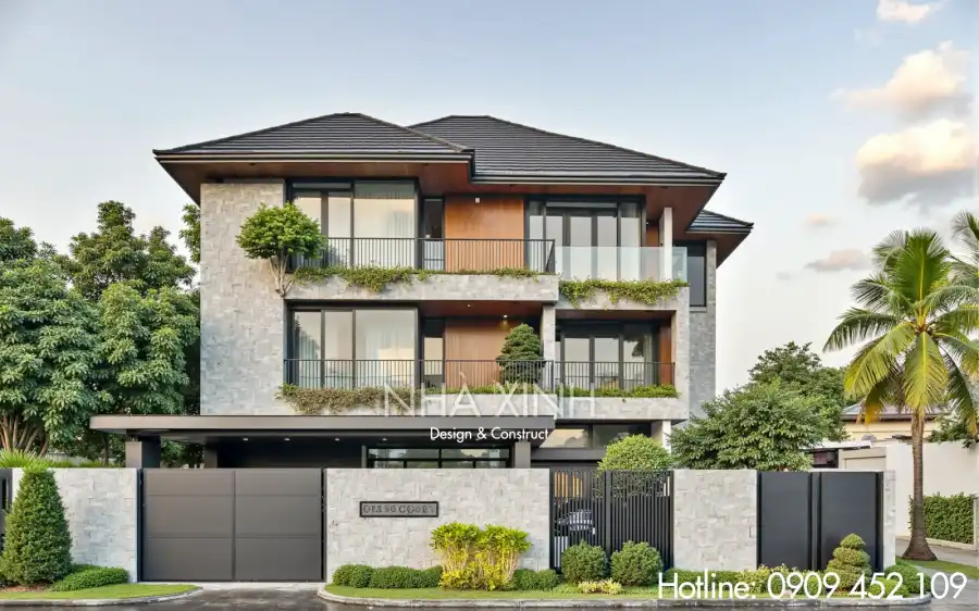 Mặt tiền biệt thự BT-0226 với thiết kế tân cổ điển và cây xanh bao quanh