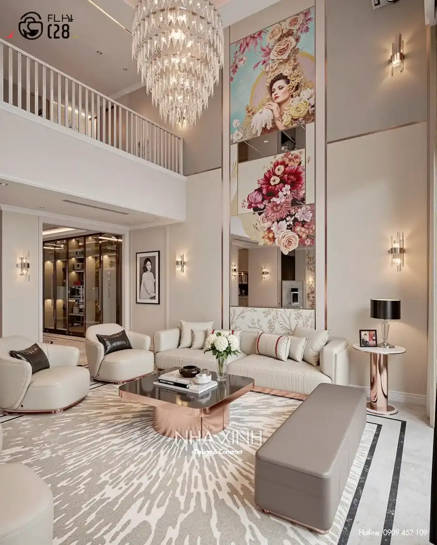 Bộ sofa cao cấp trong phòng khách biệt thự BT-0226 với view nhìn ra sân vườn xanh mát.