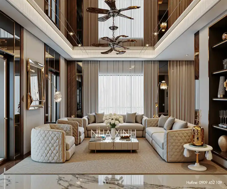 Phòng khách biệt thự BT-0231 với nội thất hiện đại và ánh sáng tự nhiên chan hòa