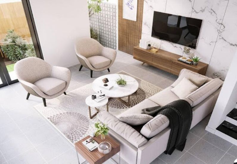 Phòng khách sáng sủa nhờ hệ kính trong suốt