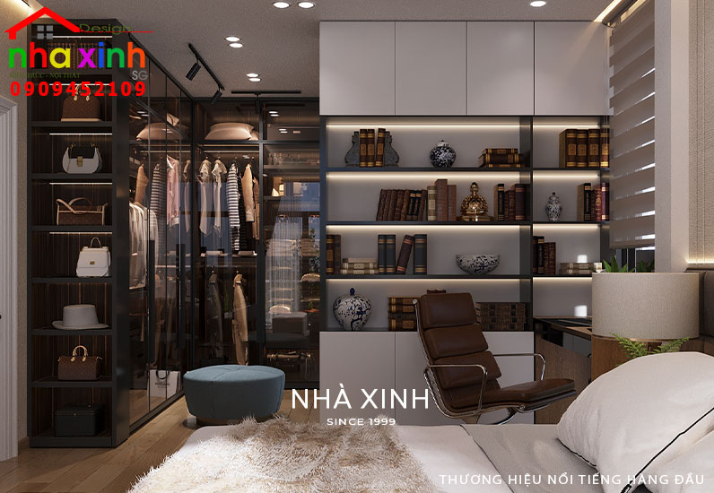 Thiết kế phòng ngủ tiện nghi với giường, bàn làm việc, tủ đồ