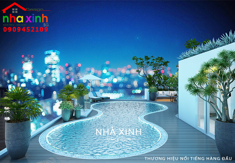 Khu vực hồ bơi được thiết kế với không gian xanh mát