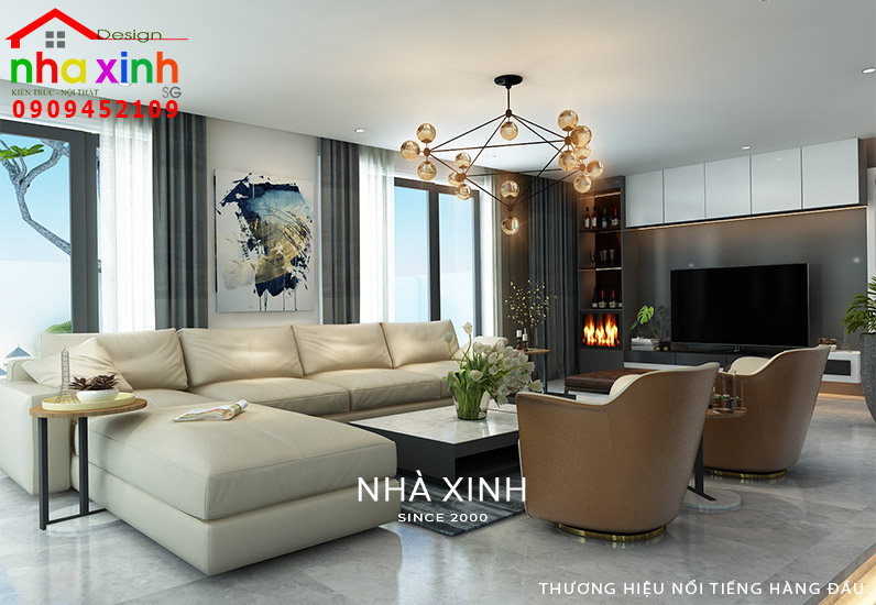 Không gian phòng khách được sử dụng với gam màu trung tính và thanh lịch