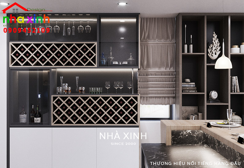 Thiết kế quầy bếp + tủ rượu hiện đại
