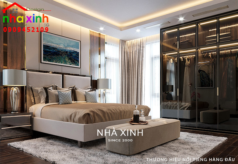 Phòng ngủ được thiết kế với hệ thống đèn led hiện đại
