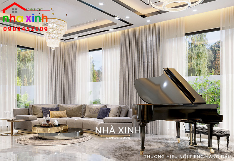 Thiết kế nội thất phòng khách biệt thự hiện đại tông trắng