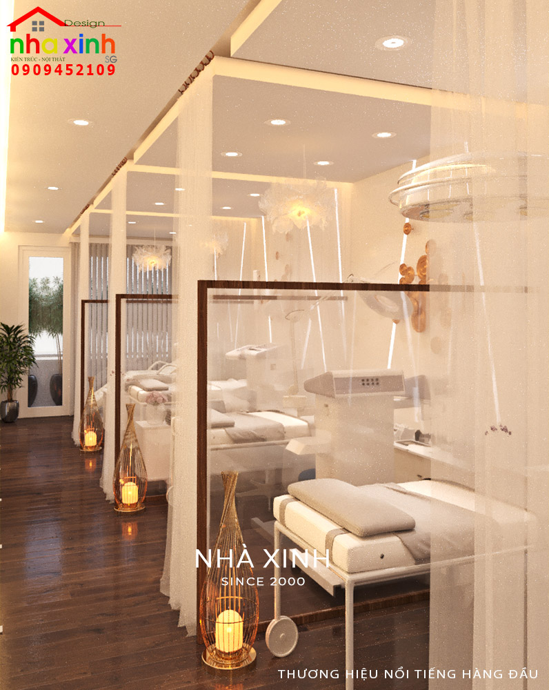 Khu vực giường nằm có vách kính ngăn kèm rèm che kín đáo đem lại sự riêng tư cho người sử dụng