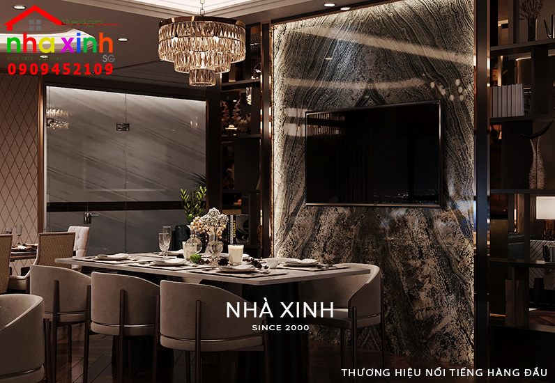 Bàn ăn được tạo điểm nhấn bởi những bộ đèn chùm pha lê đầy ấn tượng