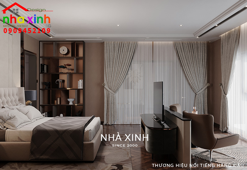 Phòng ngủ được bày trí với những khung cửa kính lớn trần ngập ánh nắng tự nhiên