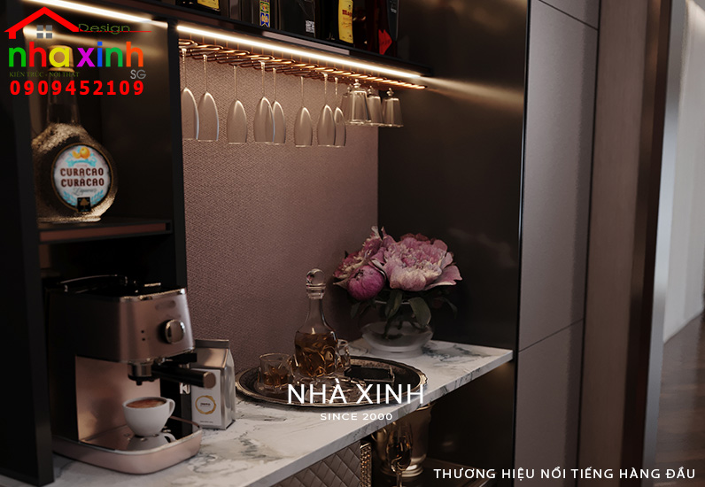 Khu vực quay bar mini được thiết kế tiện nghi ngay trong phòng ngủ